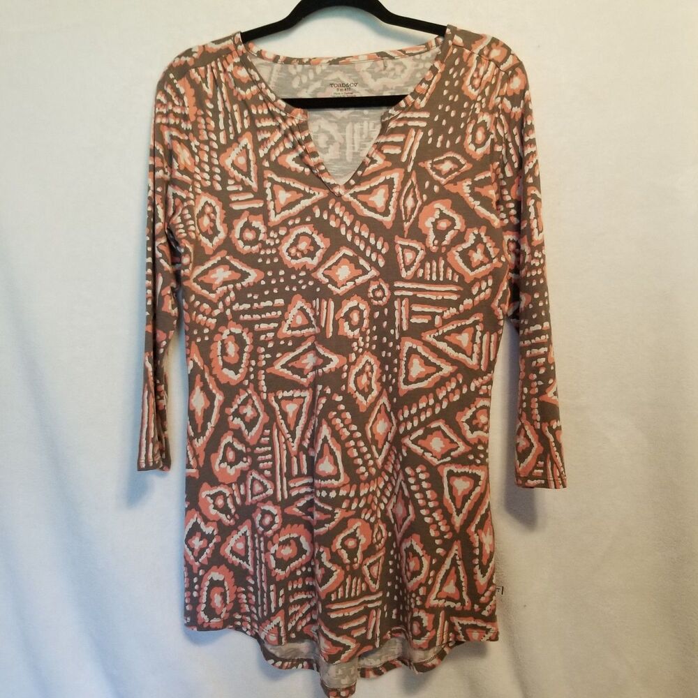 Toad & Co Small Top Tamaya Dos Tunic Orange Brown Print Long Sleeve Western Boho